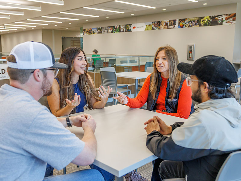 Four students sitting around a square table engaged in conversation.