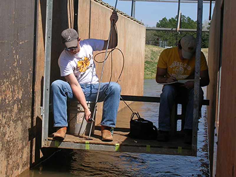 Senior students in a water channel testing water quality