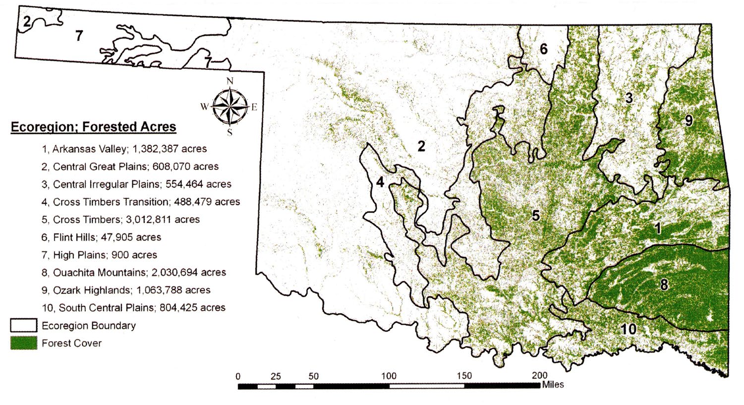 A map of Oklahoma with forest coverage.