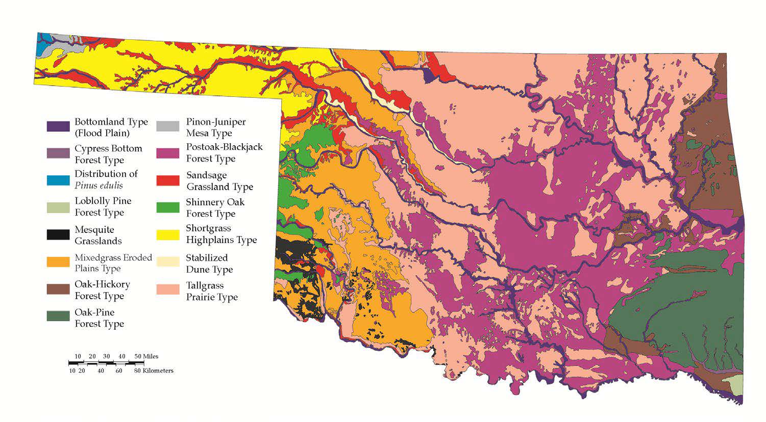A map of Oklahoma showing native vegitation regions.