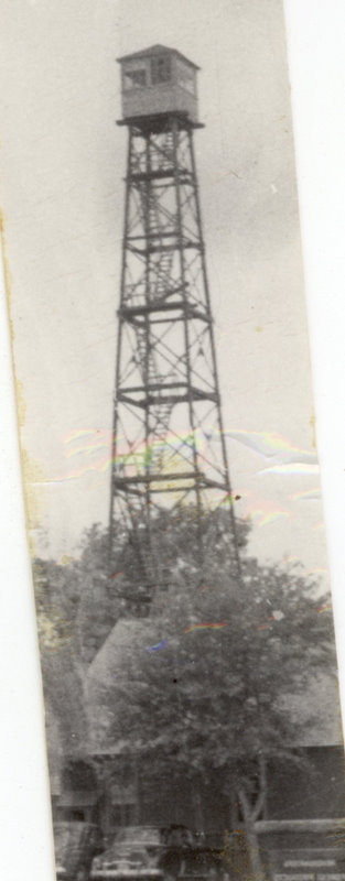 A watchtower behind a house and trees.