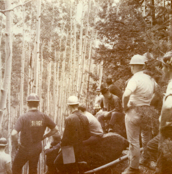 A group of students wearing hardhats outside in a forest.