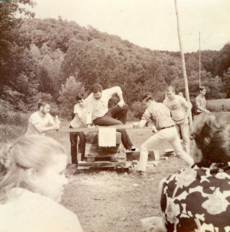 A group of people using a saw to cut a tree trunk.