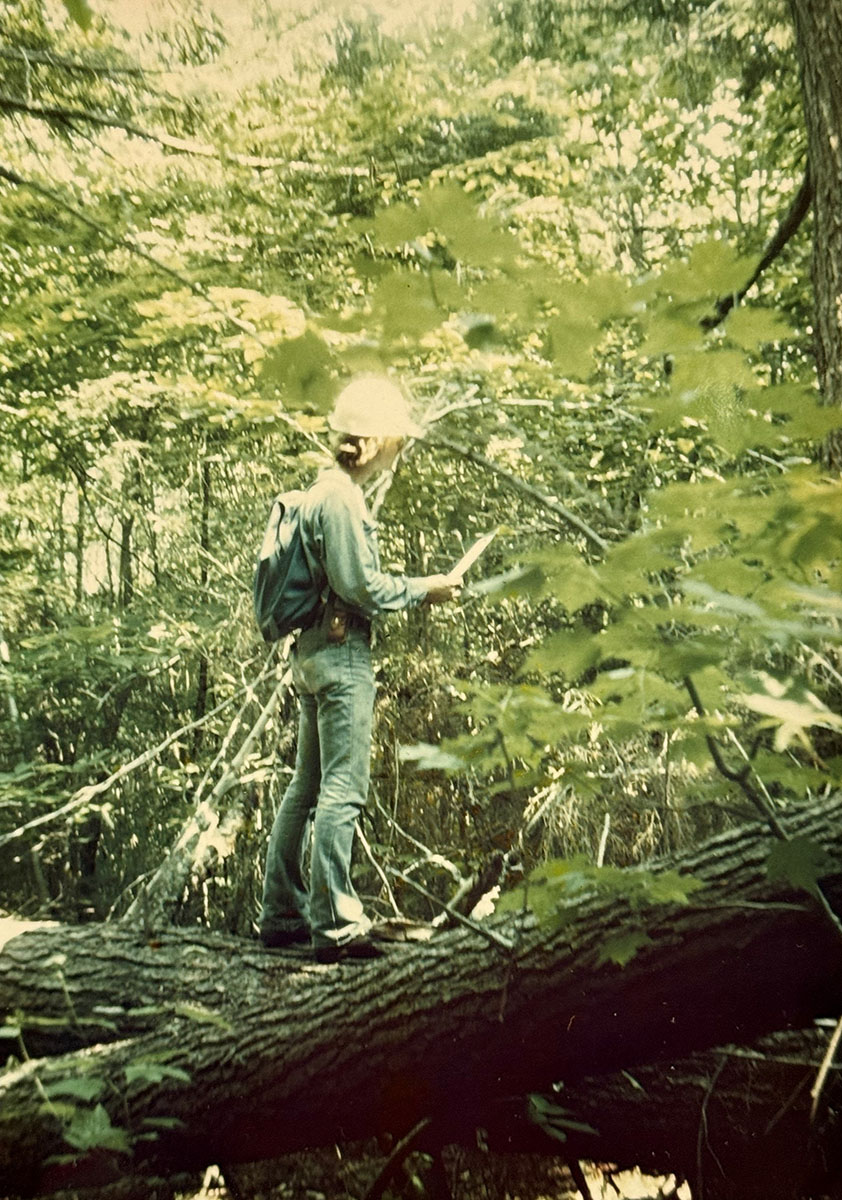 A person standing on a big log in the middle of the forest.