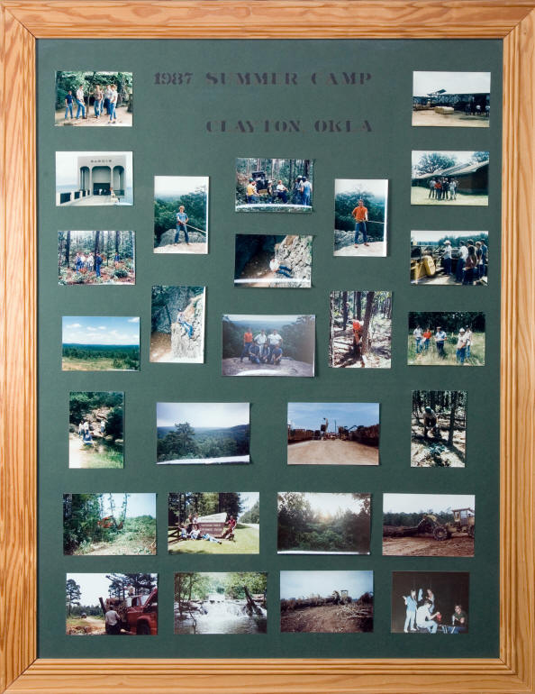 A wooden collage Board of different photos from Forestry Camp in 1987.