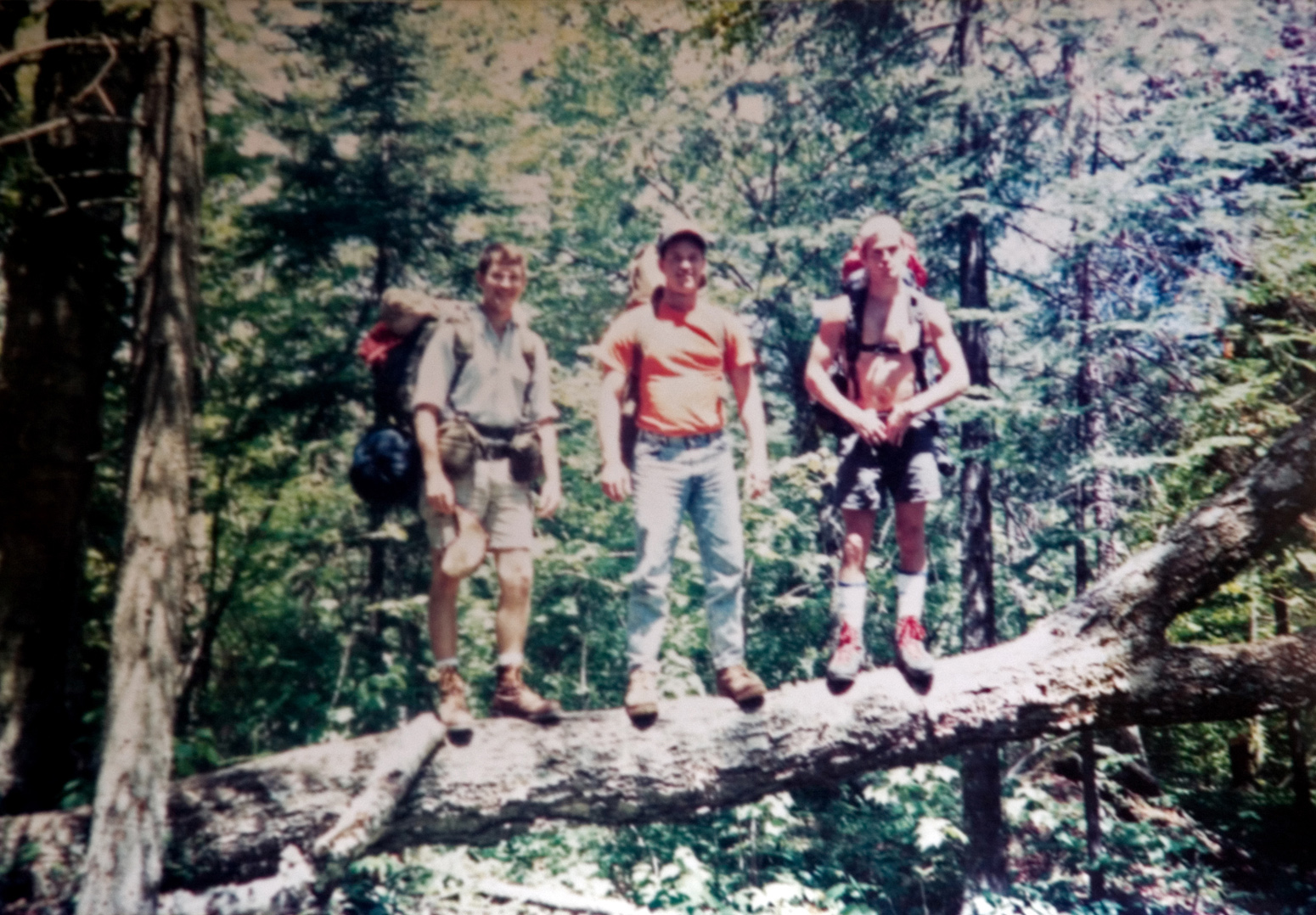 Three students pose for a photo on a suspended log while hiking.
