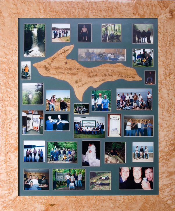 A collage of photos with a blue and tan background from the 1999 camp.