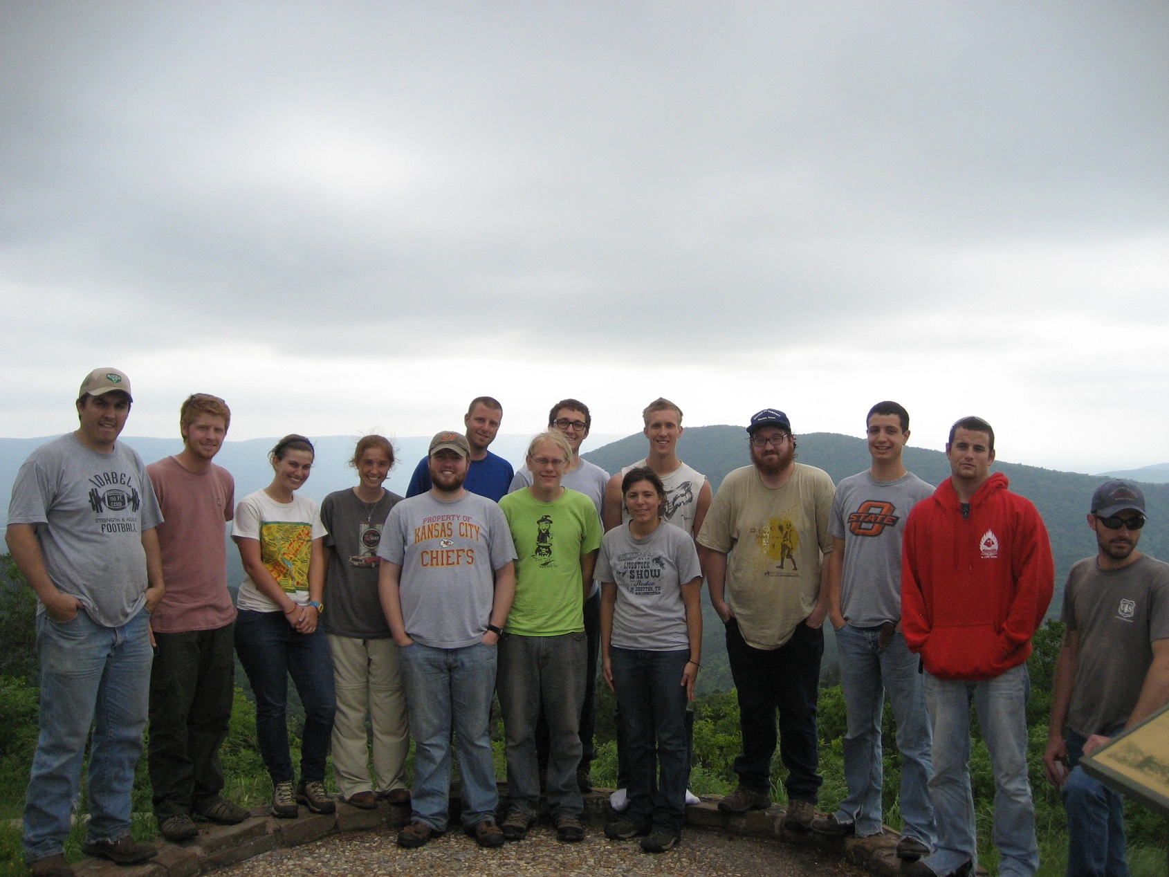 A large group of students standing at an overlook of a mountain range.