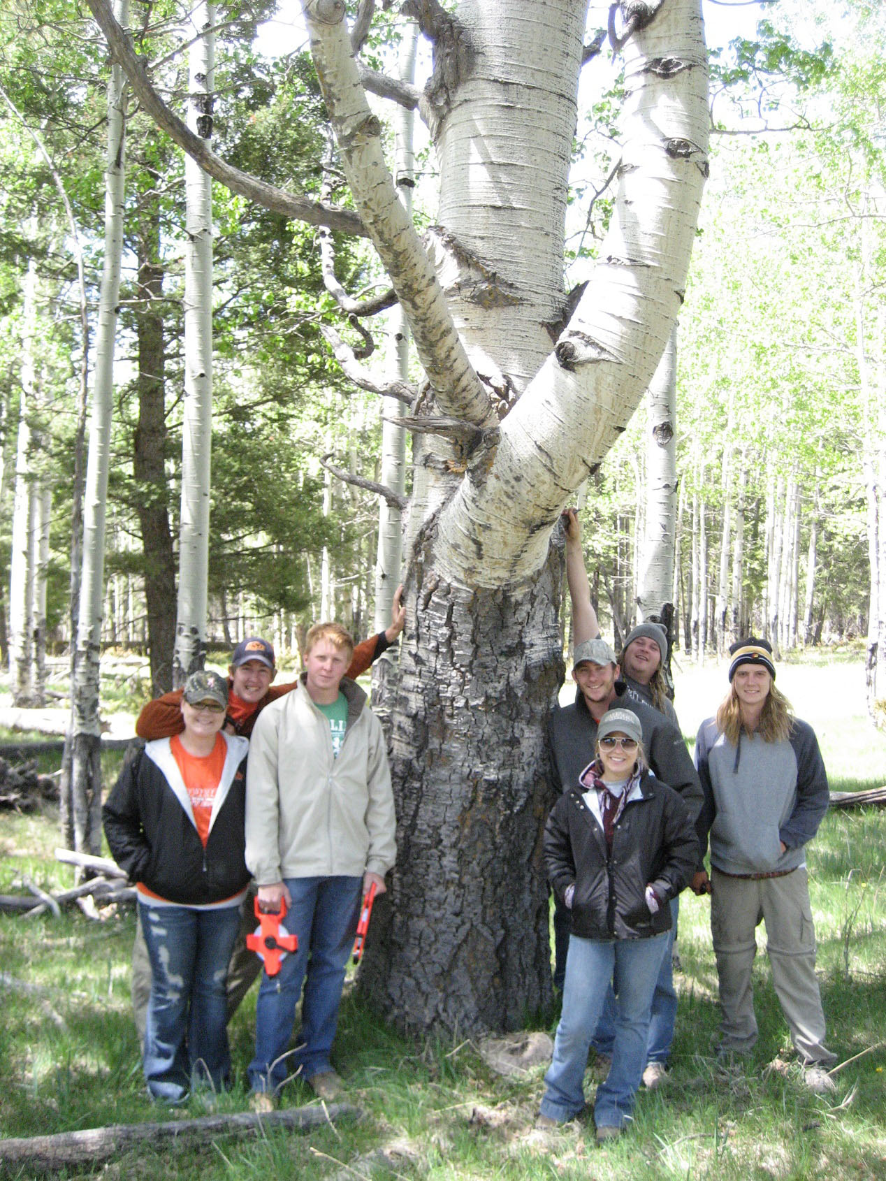 A group of participants standing next to a tree in the woods smiling.