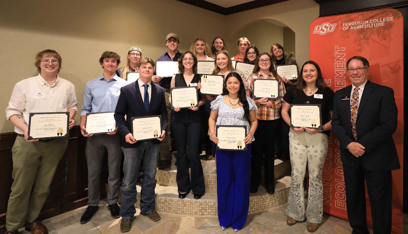 A group photo of 15 students holding their award. L to R: Front Row: Eli Fillman, Bryce Gorr, Raleigh Holt, Madison Wright, Sharee Willis, and Dr. Jim Ansley. Second Row: Ethan Shuck, Savannah Stephens, Alayna Griffith, Erin Martin Third Row: Connor Simon, Breanna Rawding, Alisa Hall, Abigail Cunningham Back Row: Nolan Jobe, Tyler Thomas.